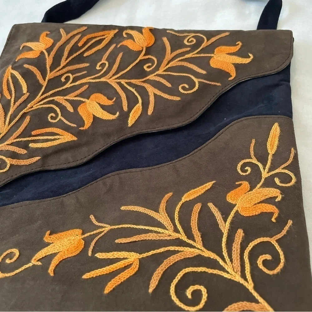 Boho Crossbody‎ Handbag Suede-Feel Embroidered Navy & Orange Floral
